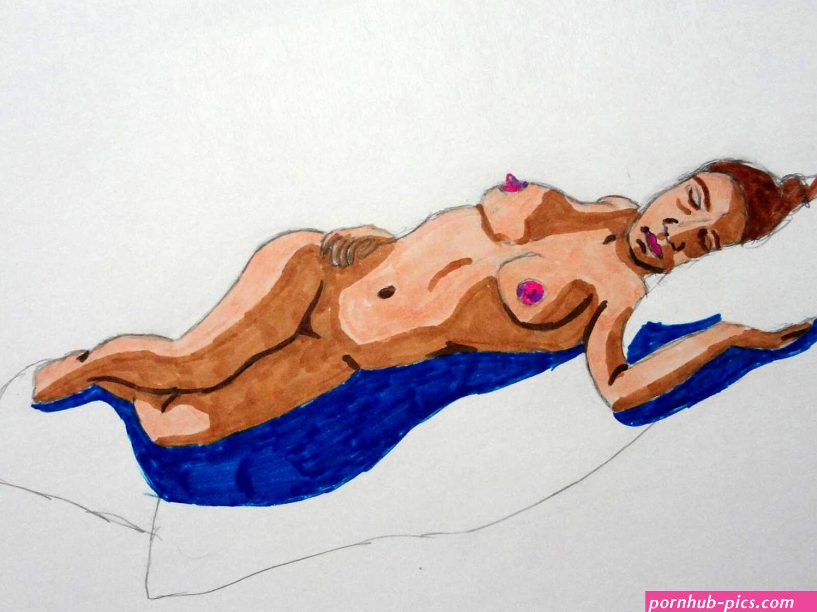 Nude Woman Lying on Her Side and Back with a Twist on a Blanket and Pillow Front View 1212014 Drawing by D S