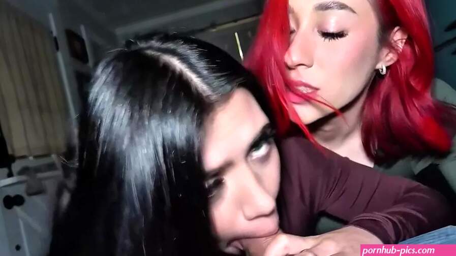 Three girls taking turns on one cock