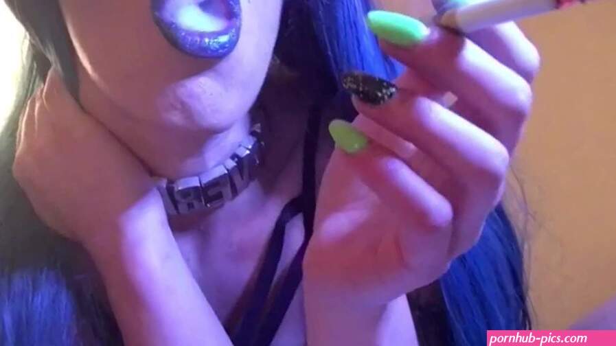 Sultry Smoking Goddess : seductively smoking in blue lipstick on my bed