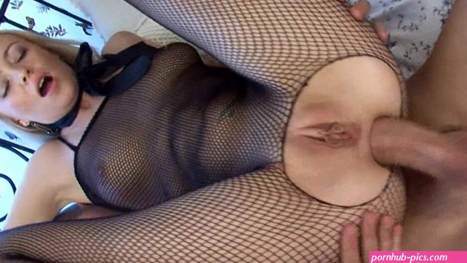 Sexy blonde in a crotchless fishnet bodysuit gets solid ass fucking and an anal creampie at the end