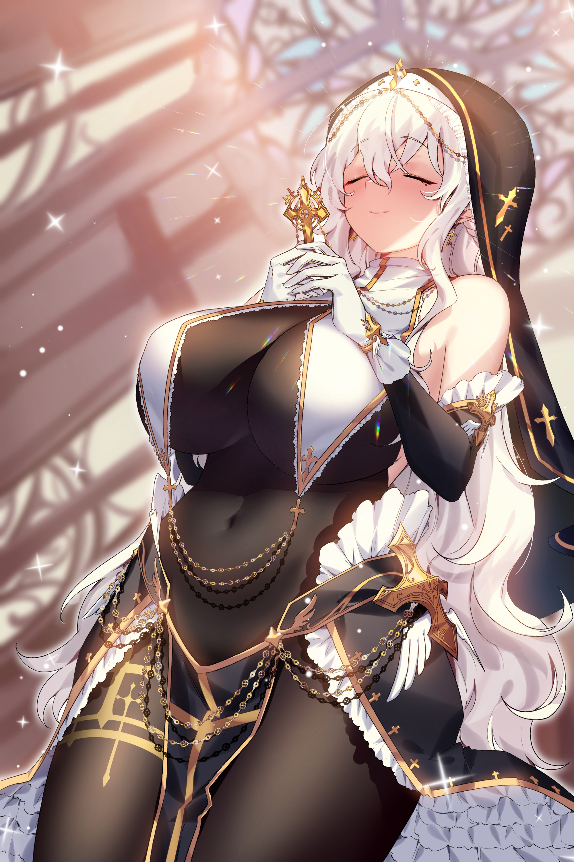 original characters nuns curvy big boobs mendou kusai standing anime anime girls nuns habit keys 2D artwork drawing illustration no bra huge breasts nopan