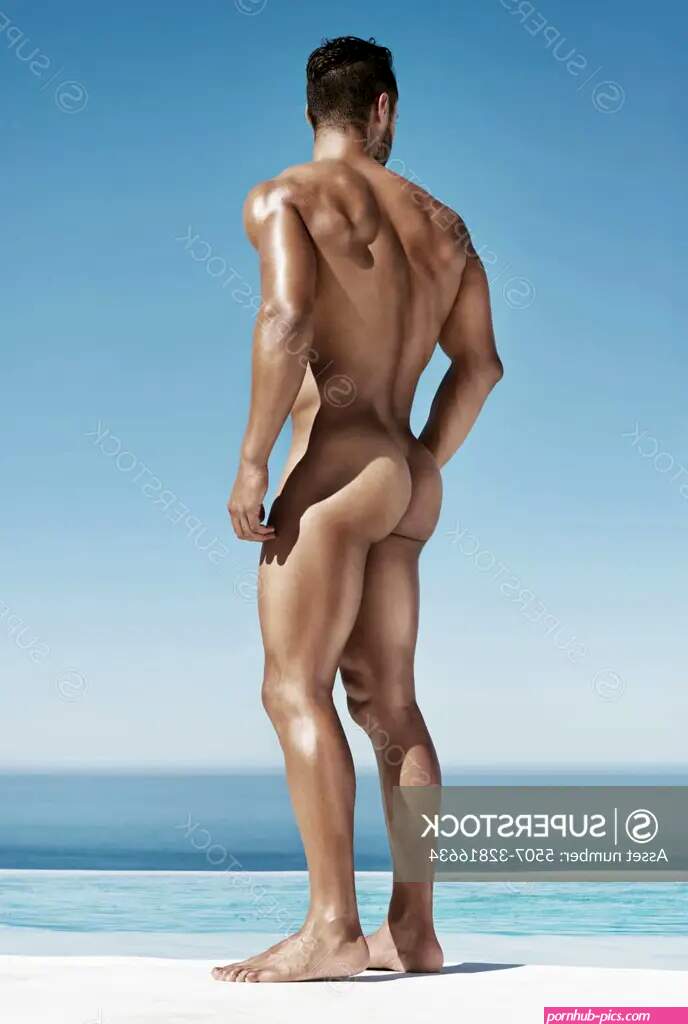 Man naked butt and muscle by swimming pool for sunshine relax or vacation by ocean. Bodybuilder model and glow on skin in summer with strong body beauty or ass on tropical sea