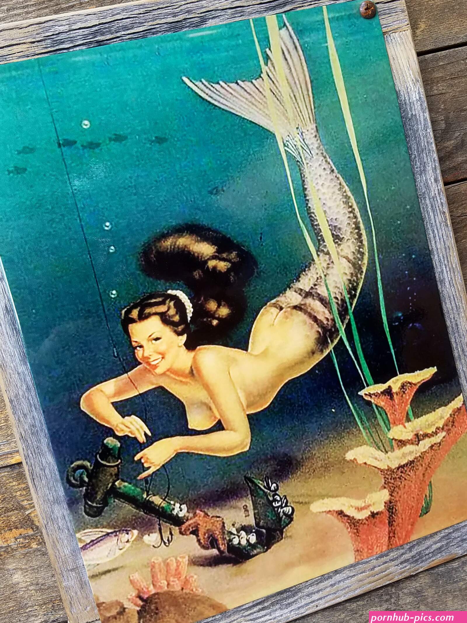 Undersea Topless Mermaid Metal Sign Barn Wood Frame Coastal Decor