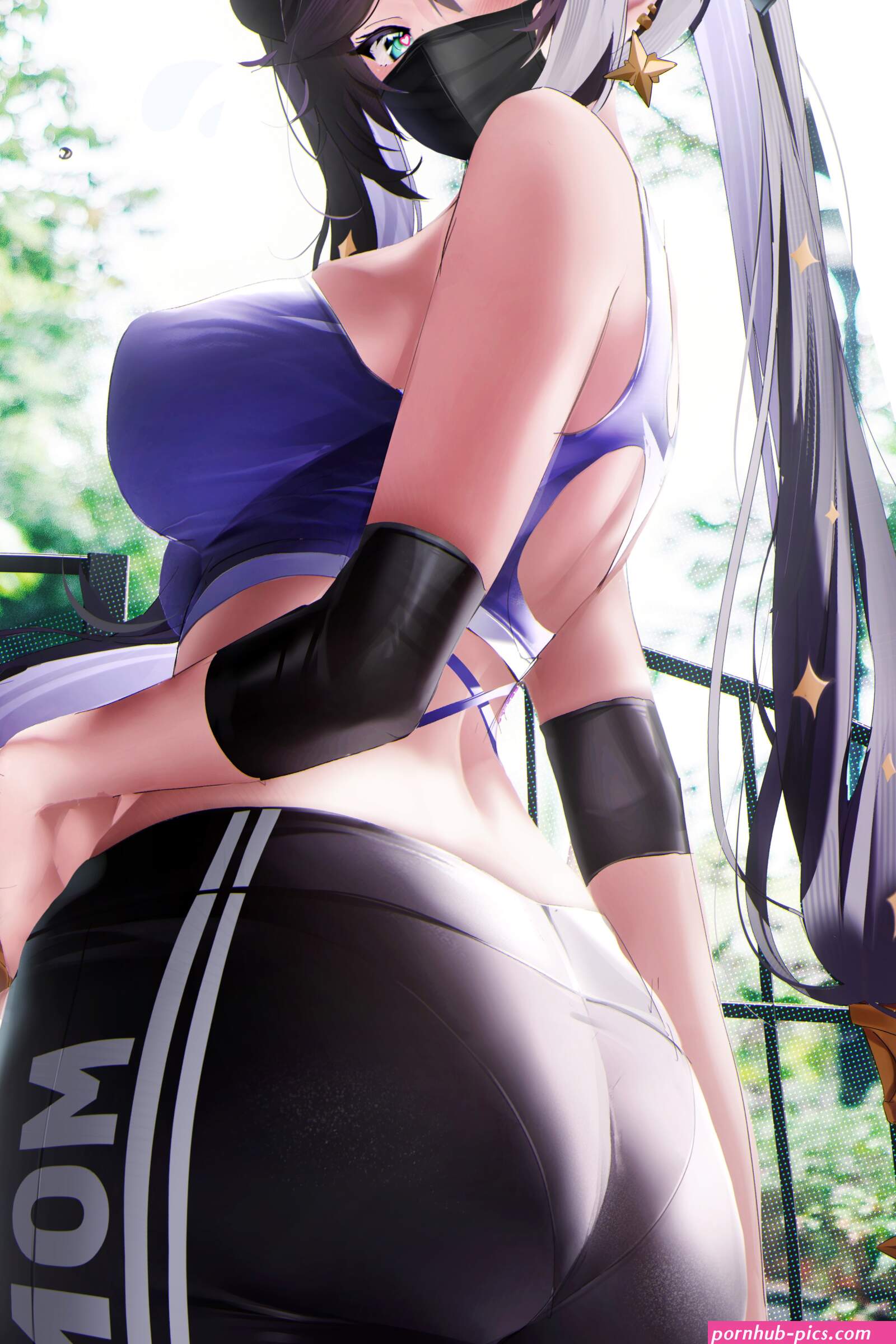 ass big boobs Fantongjun anime anime girls yoga pants sports bra mask twintails heart eyes water bottle Genshin Impact Mona Genshin Impact low-angle