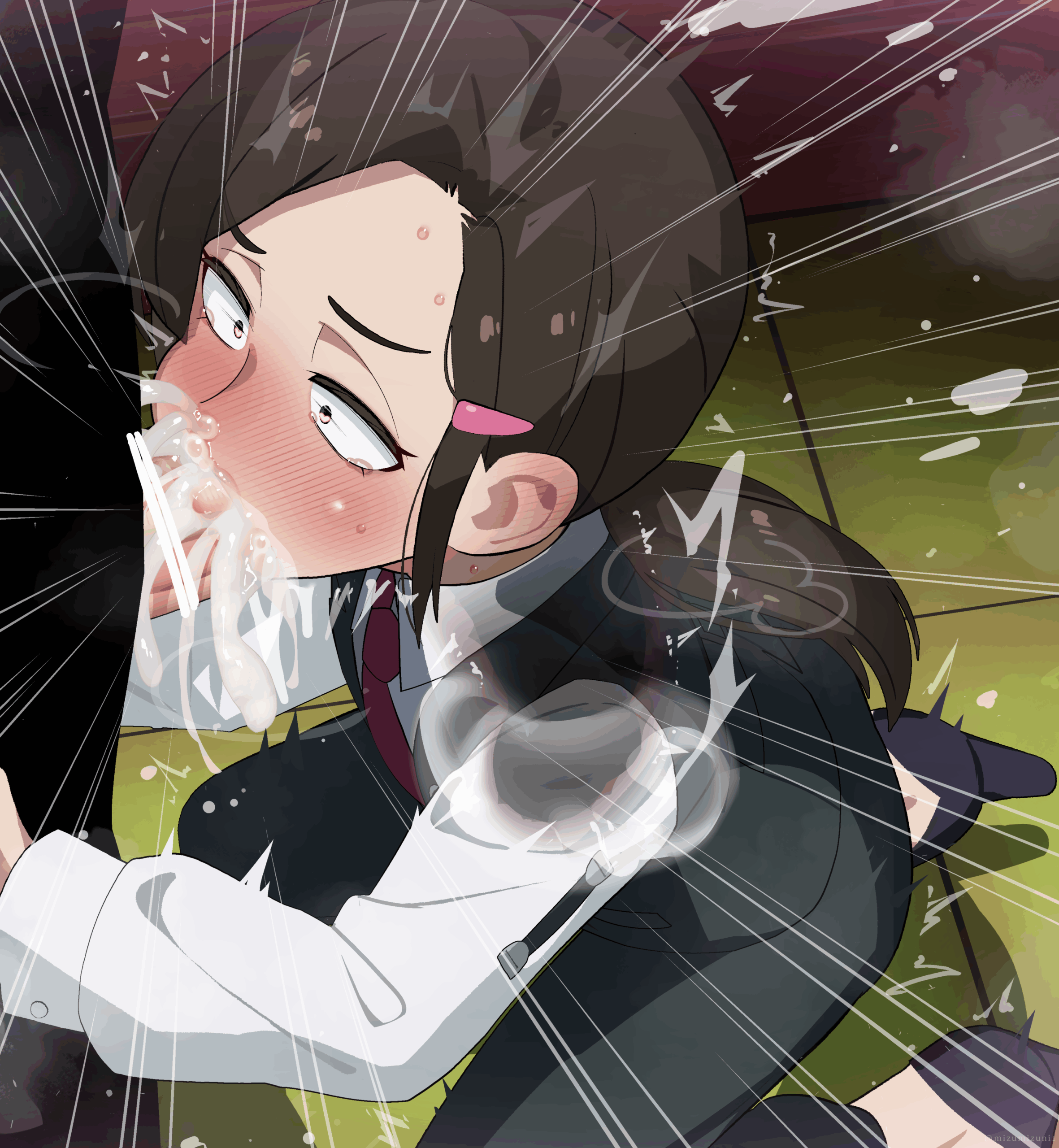 mizumizuni yaegashi yasuko akiba maid sensou absurdres highres 1boy 1girl bar censor black vest blush brown hair censored collared shirt cum cum in mouth cum in nose cum overflow deepthroat ejaculation erection