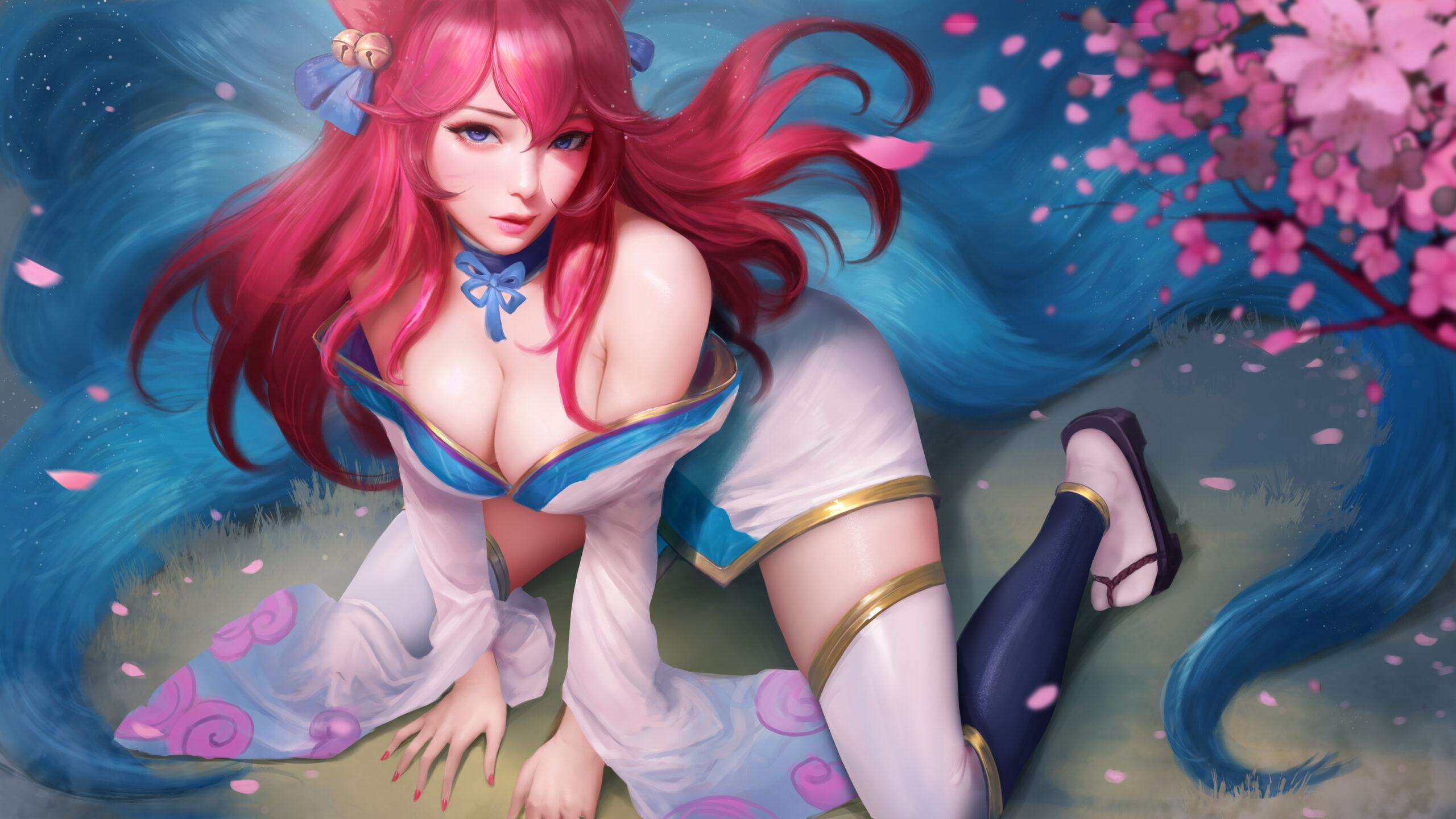 Ahri League of Legends video game girls video game characters fantasy girl Windwalker Ture looking at viewer long hair redhead fox girl fox ears fox tail cleavage big boobs League of Legends
