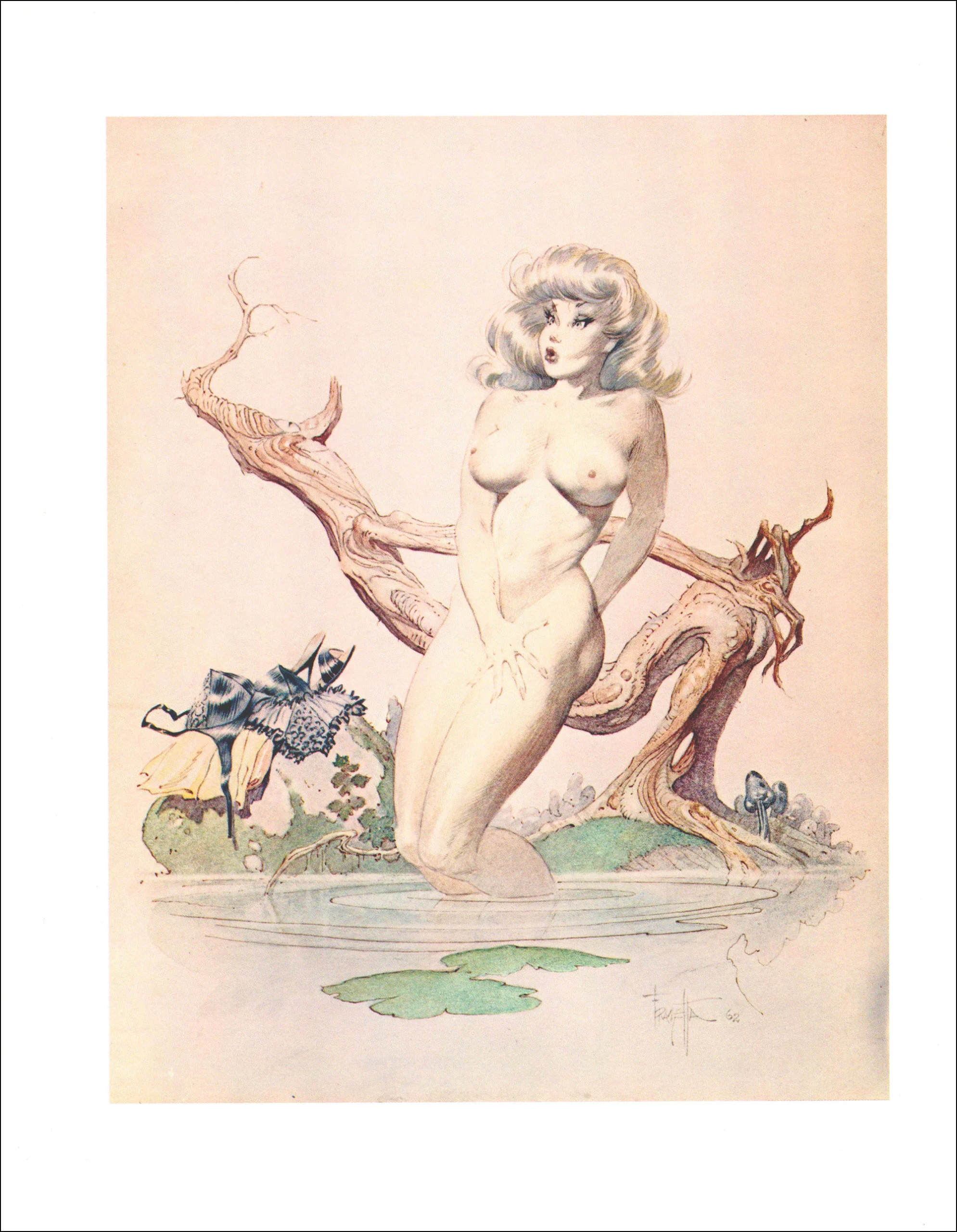 Girl Bathing Frank Frazetta Female Nude Pin up Nymph Vintage Fantasy Print Art Sci Fi Man Cave Deco American Artist Pin up Woman Erotic Art