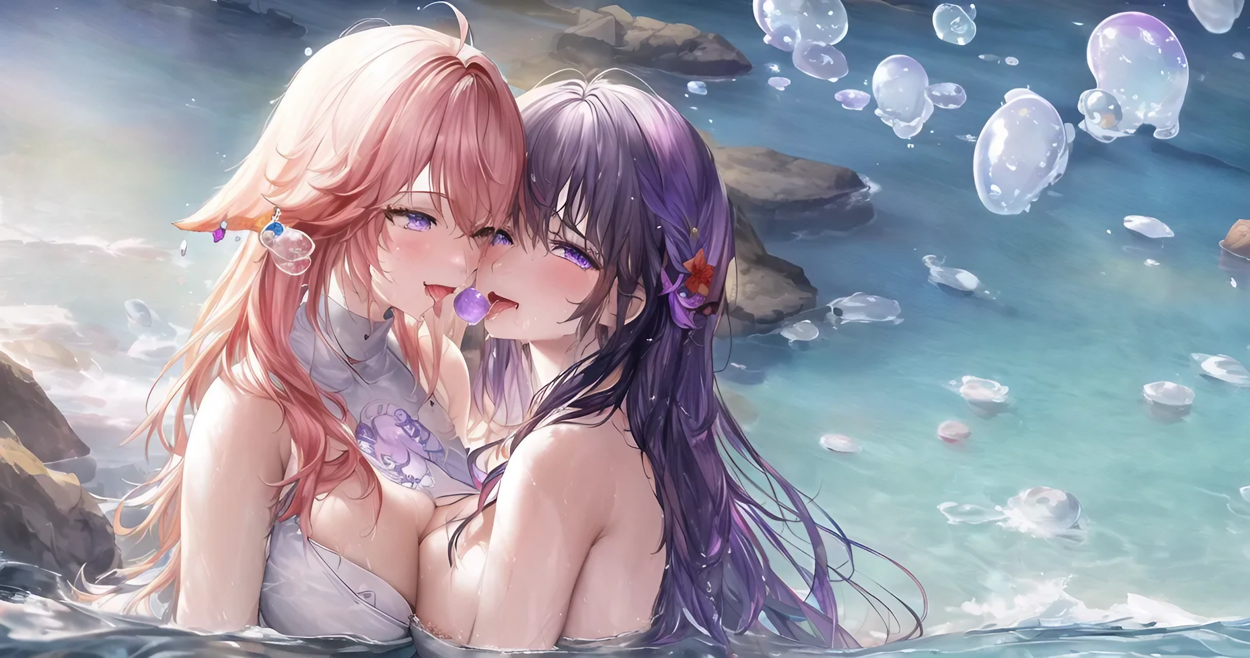 Yae Miko Genshin Impact two women tongue out lesbians boobs on boobs big boobs anime anime girls Genshin Impact Raiden Shogun Genshin Impact yuri in water bubbles water purple eyes rocks