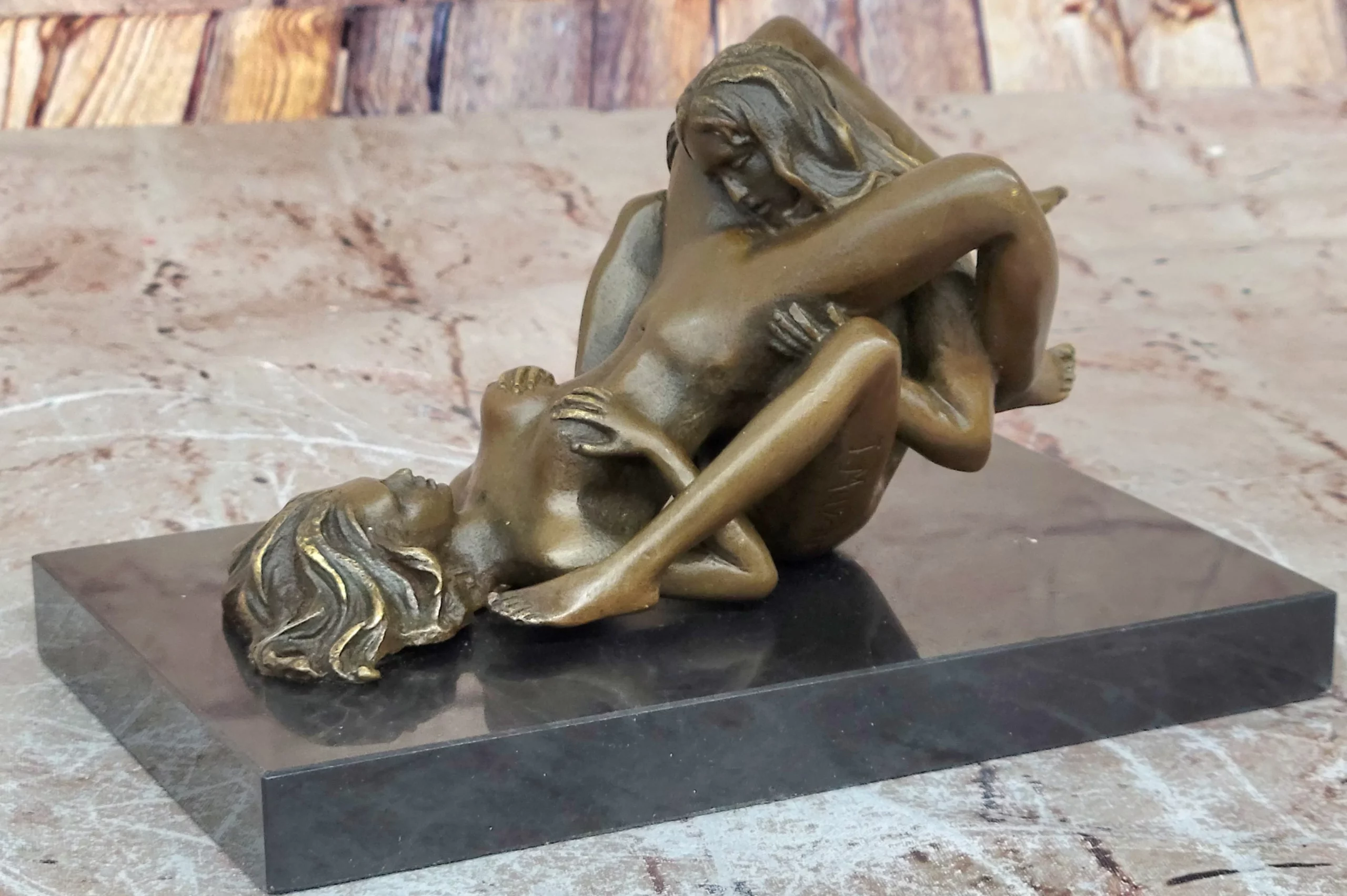 Signed Classic Erotic Nude Artwork Two Lesbian in Heat Bronze Sculpture Figurine