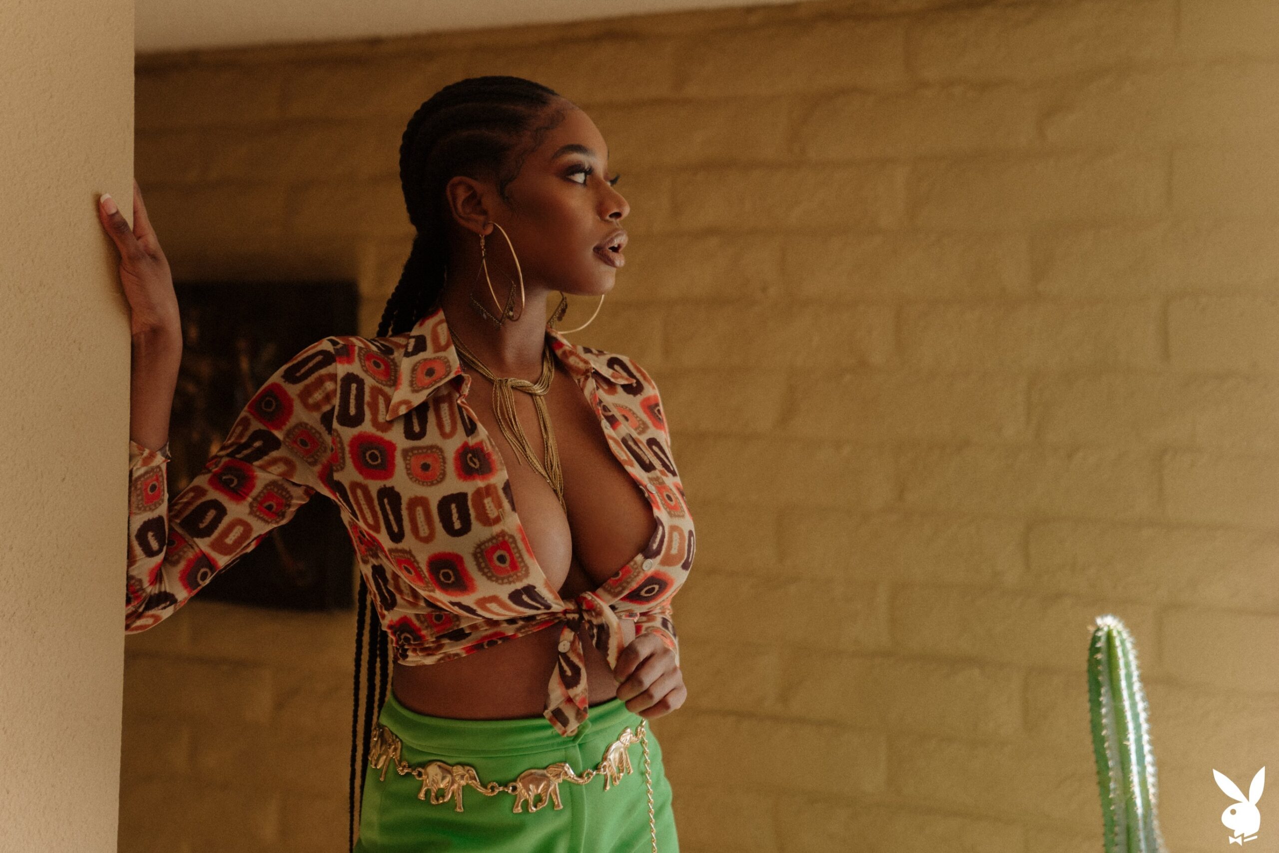 women dark skin model brunette braids dark eyes parted lips big boobs natural boobs cleavage juicy lips gold necklace women indoors looking away long hair Nyla ebony women boobs bare midriff necklace