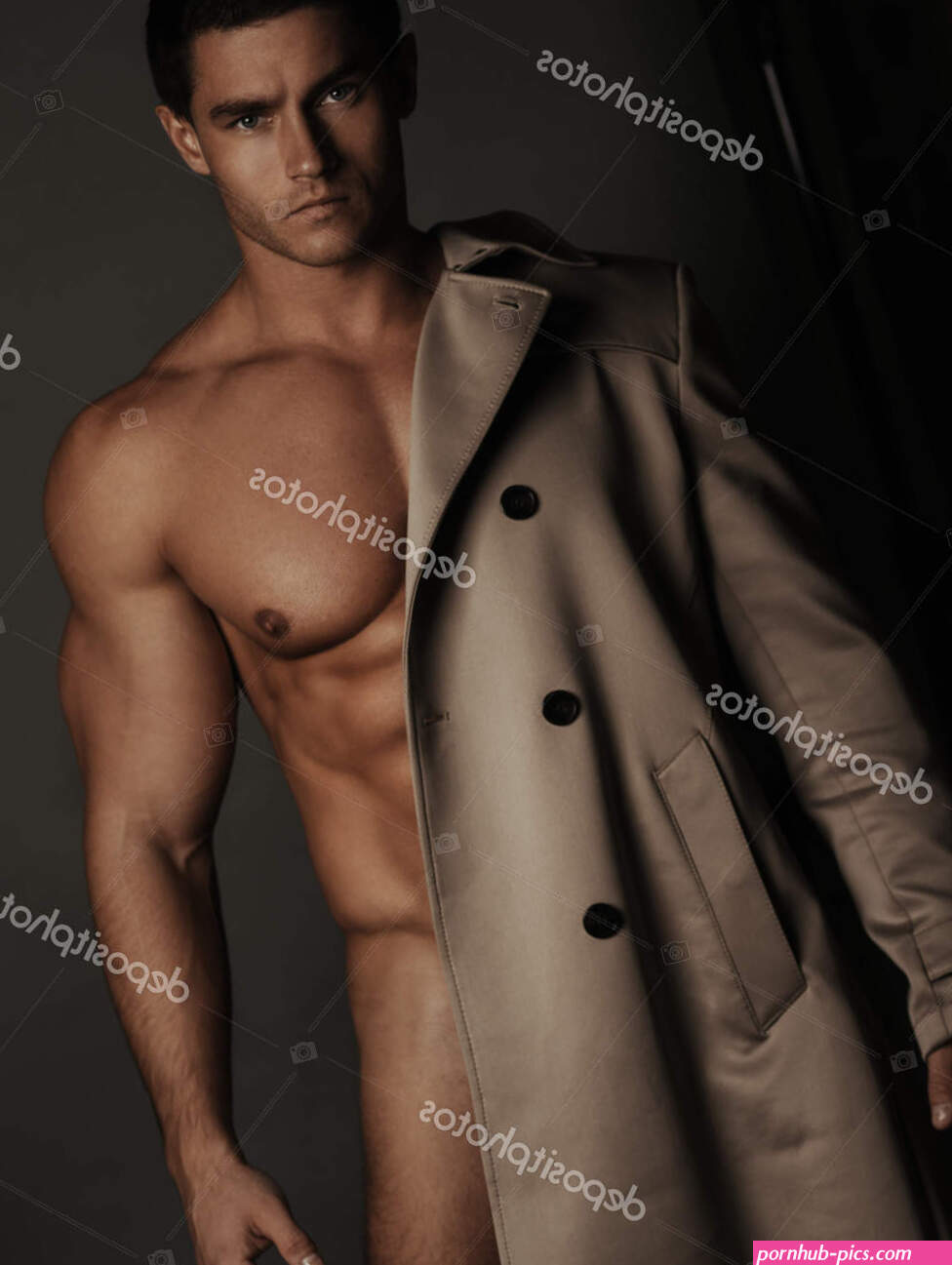 Portrait Naked Muscular Man Covered Coat Stock Photo sergelee 404237776