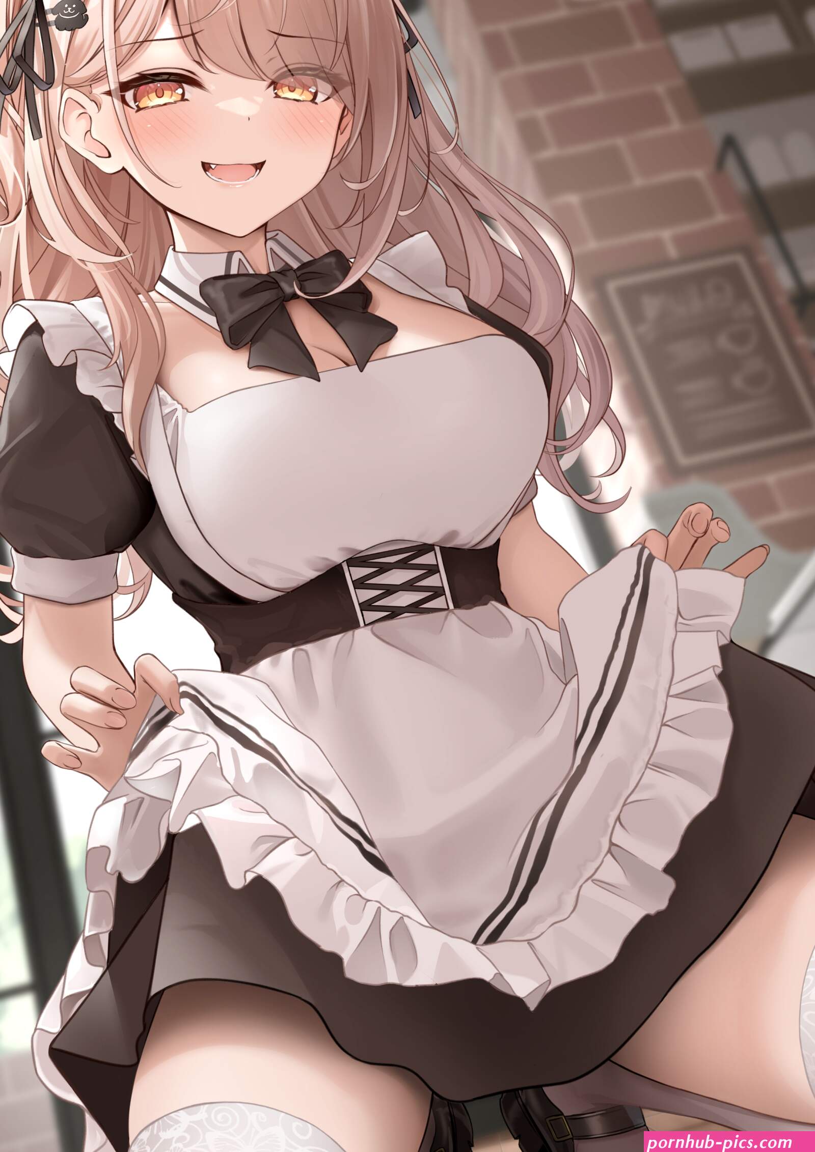 monaka curl cleavage maid skirt lift thighhighs undressing waitress