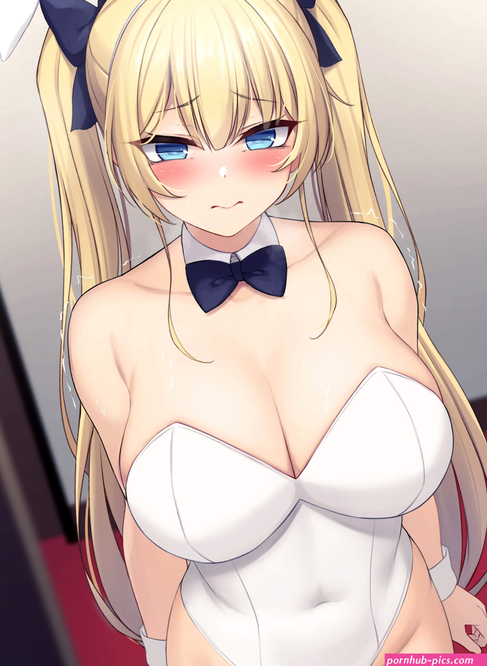 cleavage big boobs blue eyes blonde anime anime girls bunny suit bunny ears blushing twintails shaking